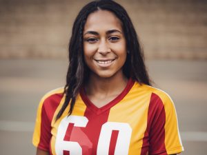 female football player wearing a red and yellow vertical striped shirt printed with the word SOLID in white ink New DTF process launched by Resolute